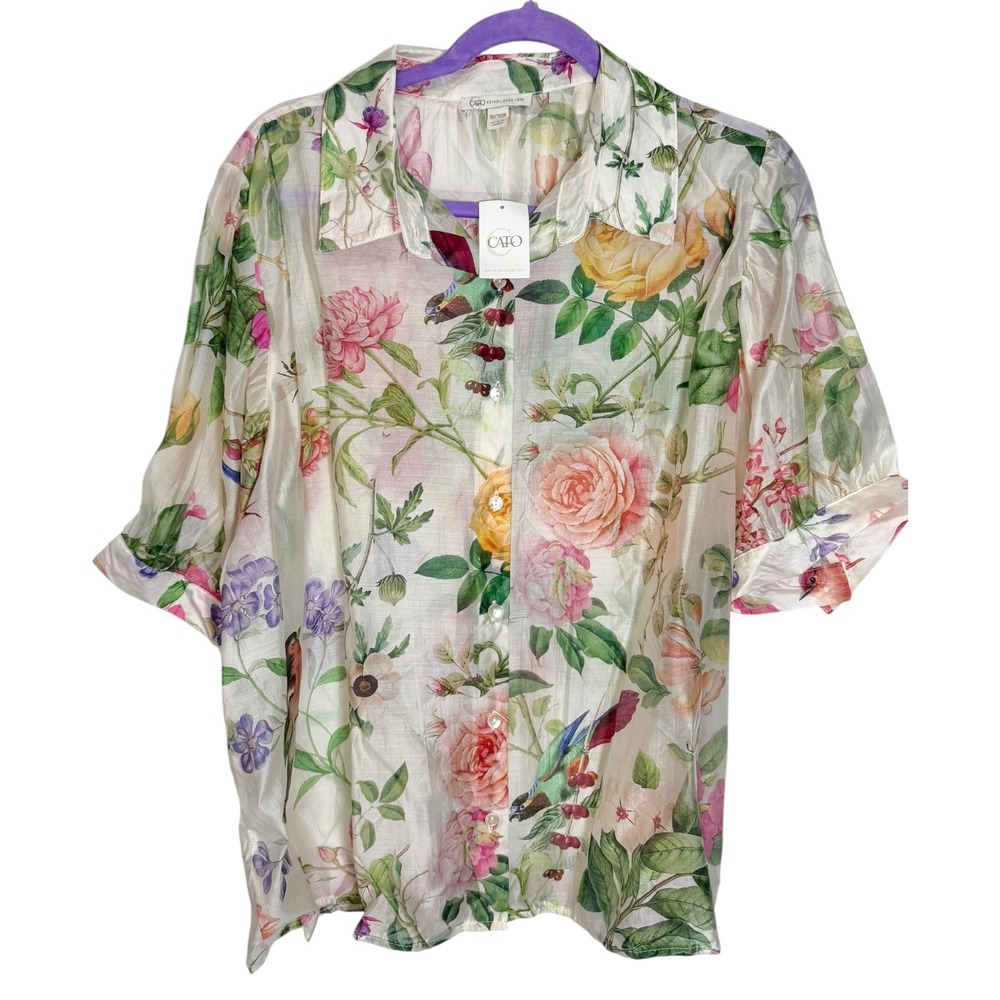 NEW Cato 18/20W Ivory Floral Bird Print Button Down Shirt Cottagecore Garden Top